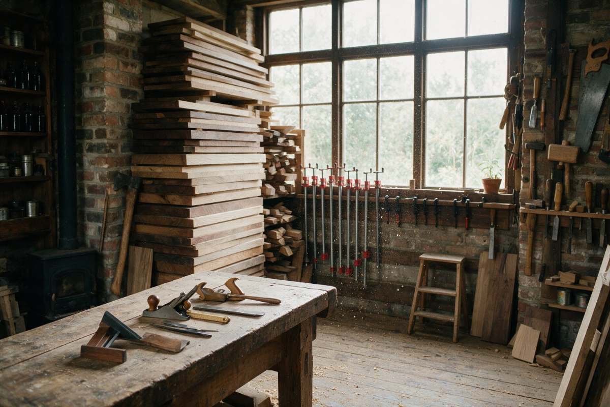 Workshop bench, tools and timber
